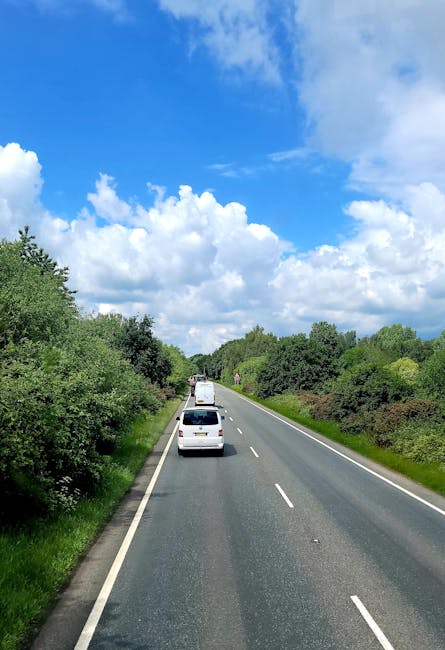 A view of a two-lane residential street during daytime with a light-colored van parked on the right side and another vehicle approaching in the distance, surrounded by lush green trees and bushes on b